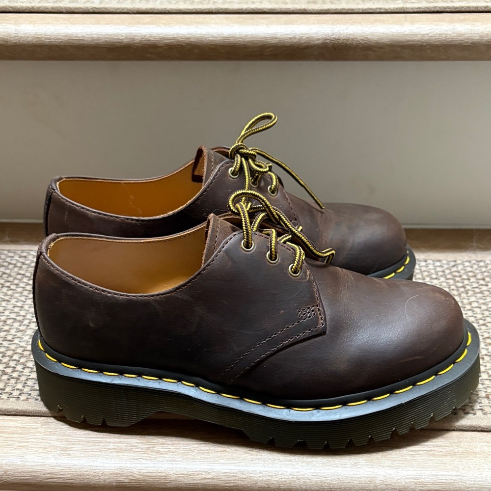 Dr. Martens Dark Brown Leather Platforms with Yellow Laces. Only used once.